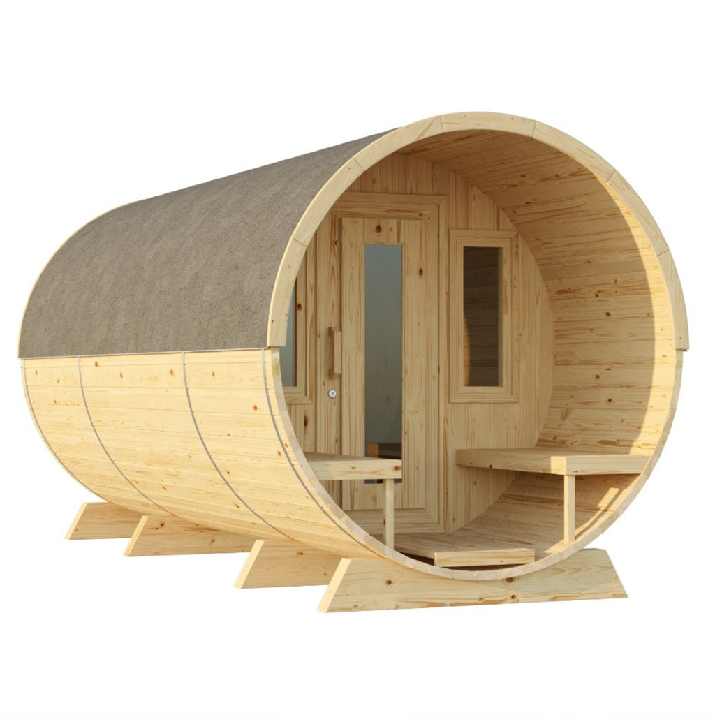 Spacious outdoor canopy and seating area adjacent to the KeiCo Barrel Glamping Pod.
