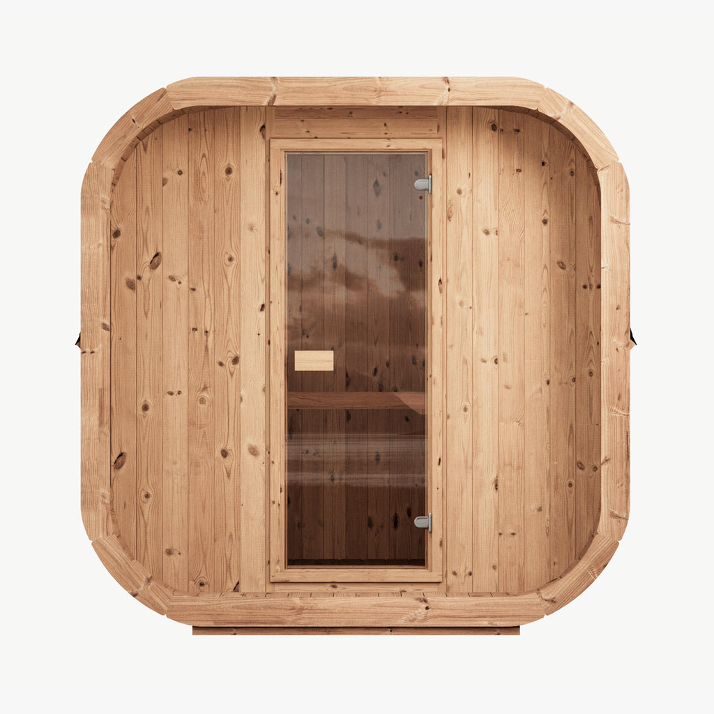 Elegant Thermo-Pine Construction of KC ICON 220 Cube Sauna for Outdoor Luxury
