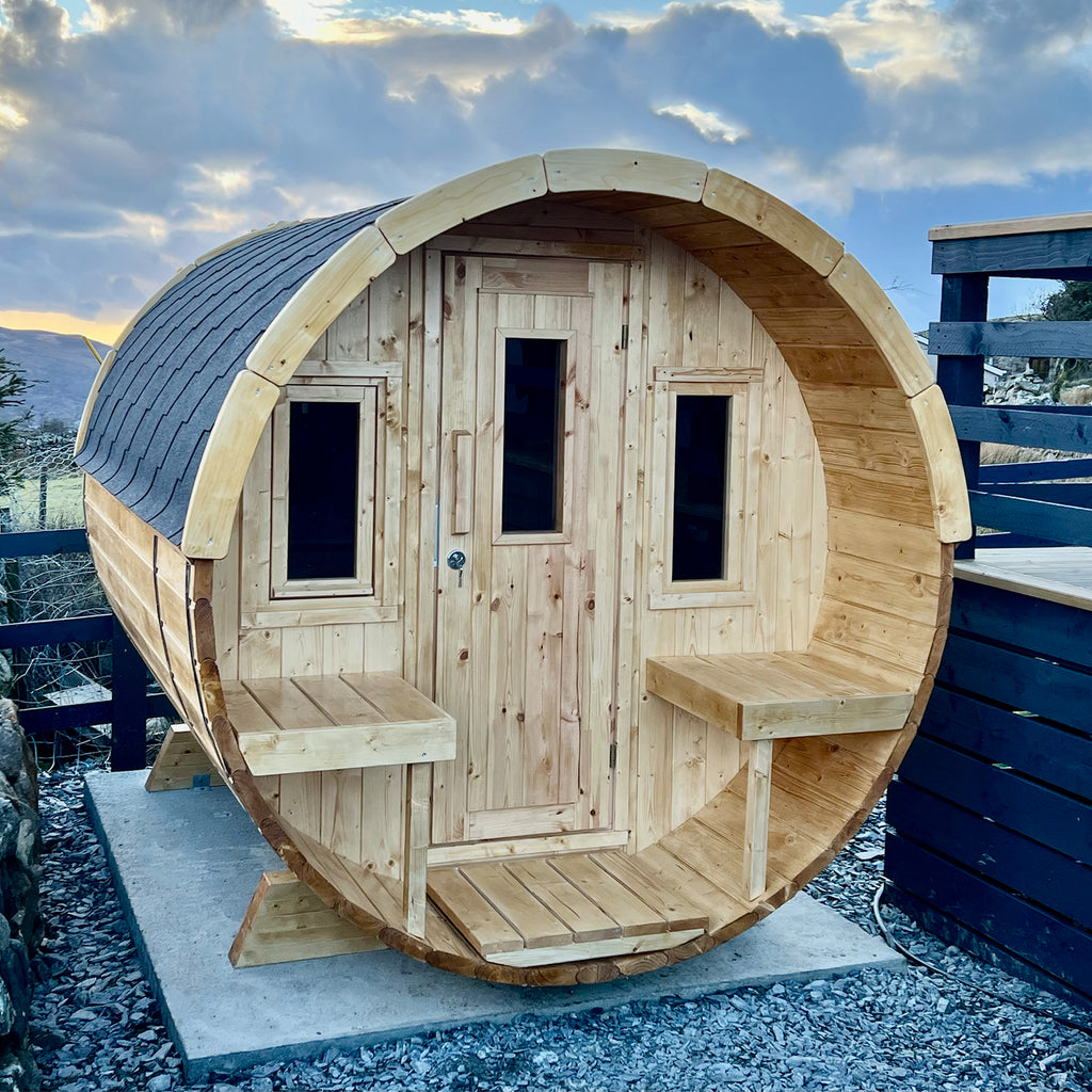 KeiCo Wellness Spruce Outdoor 250 Barrel Sauna Installation within customers Garden | KeiCo Wellness