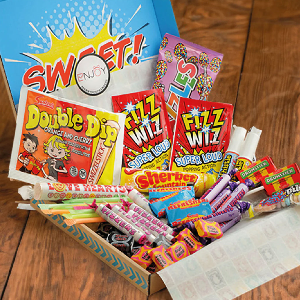 Close-up of the colourful and vibrant classic treats found in the Retro Sweets Letterbox Hamper.
