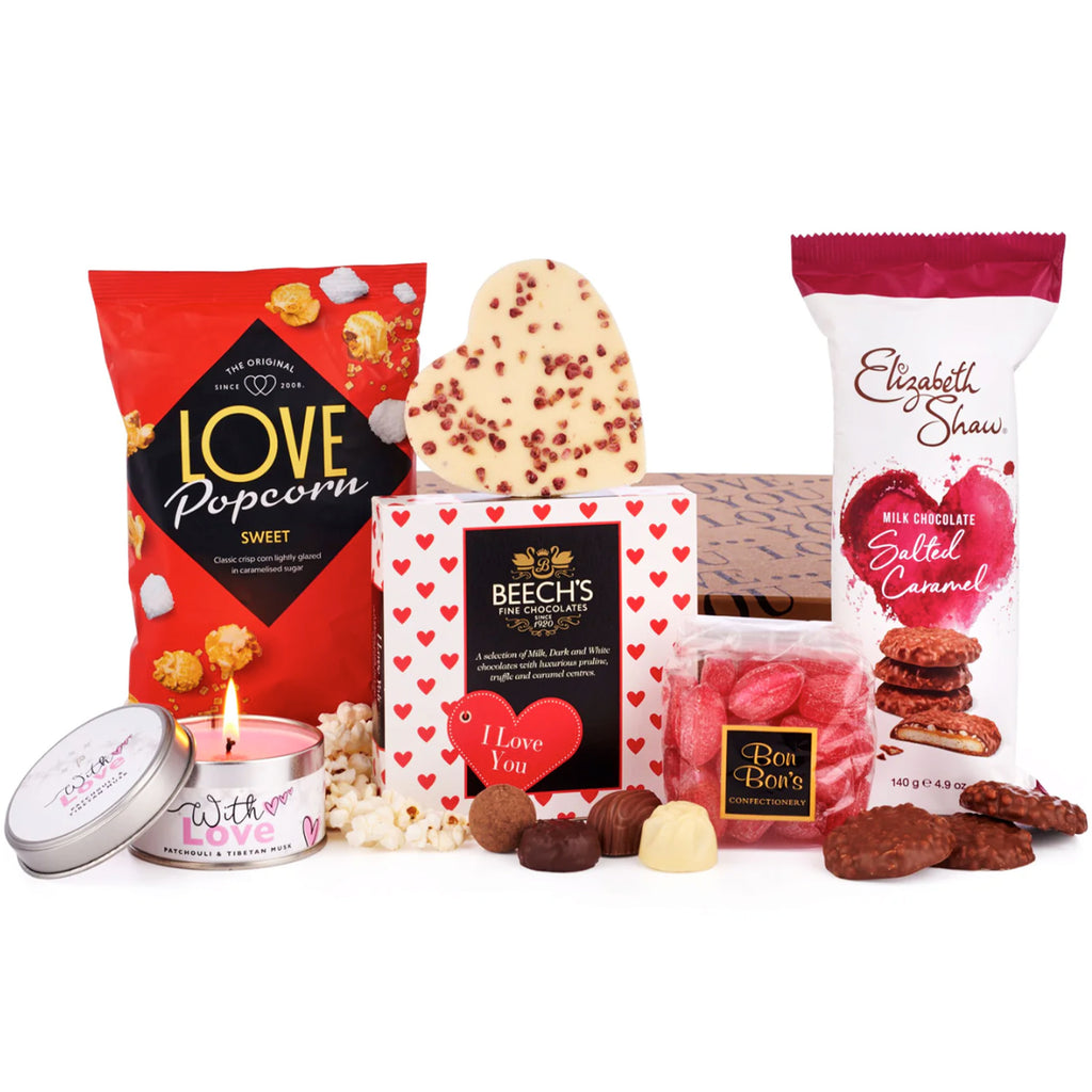 Assorted Valentine's Day sweet treats and Elizabeth Shaw biscuits, ready for a day of indulgence and romance.