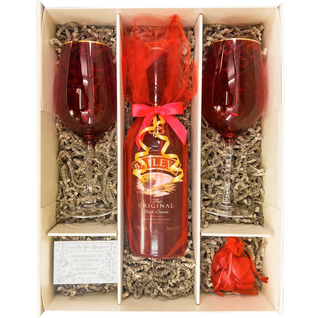 Bailey's Gift Set - Irish Cream Liqueur, wine glasses, and chocolates in a KeiCo gift box. Eco-friendly packaging and personalised messaging available. Must be 18+ to purchase.