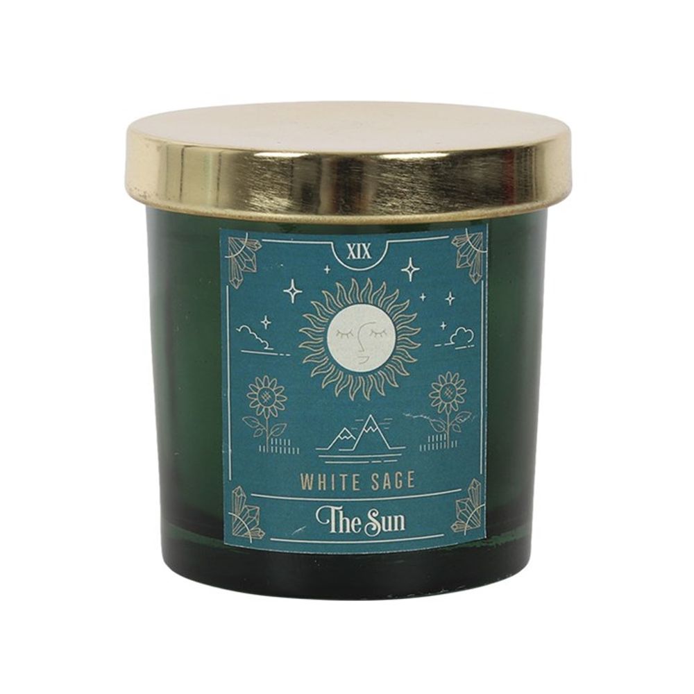 KeiCo's White Sage Tarot Candle in a vibrant green glass jar, exuding clarity and enlightenment.