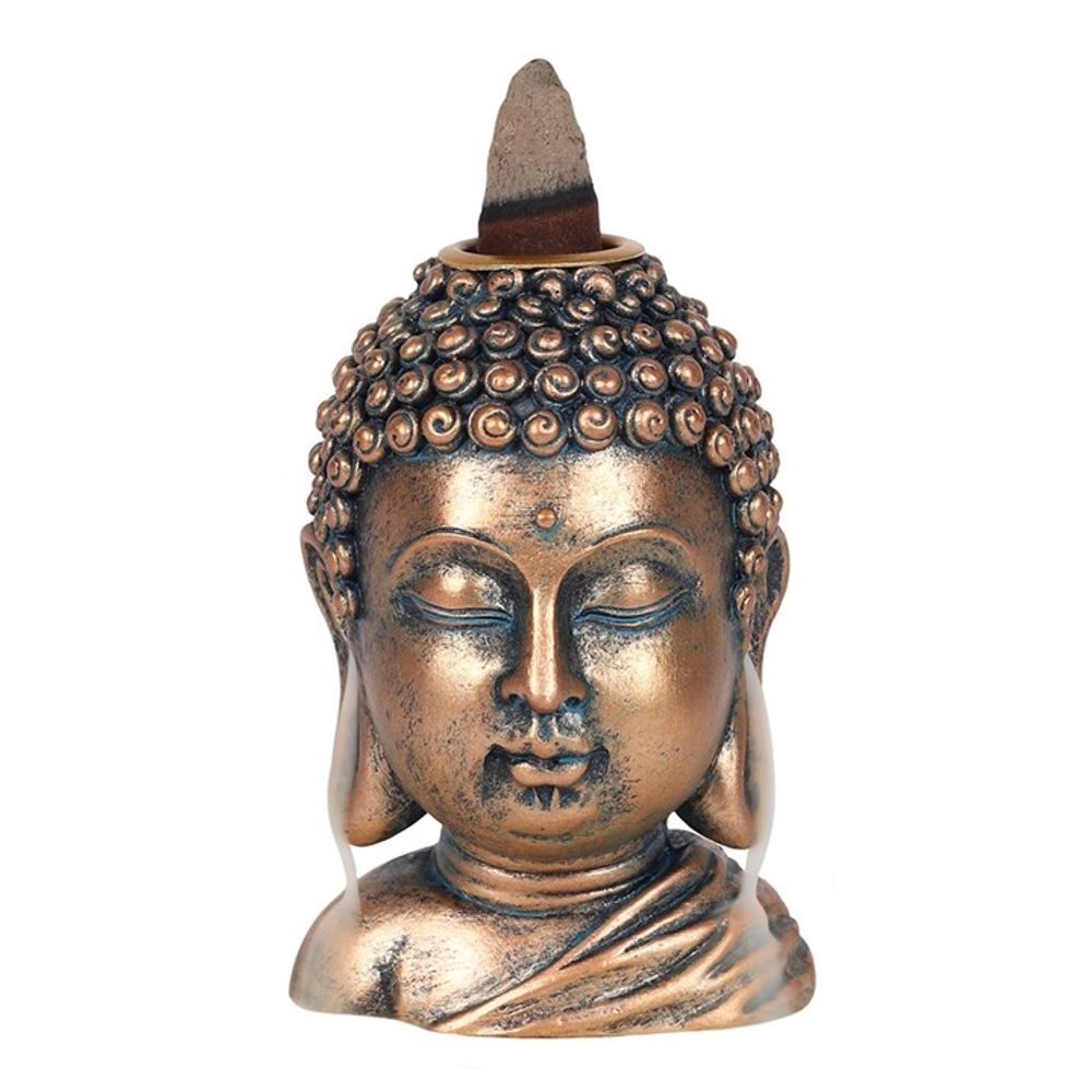 Bronze Buddha Head with delicate features, designed for backflow incense burning.