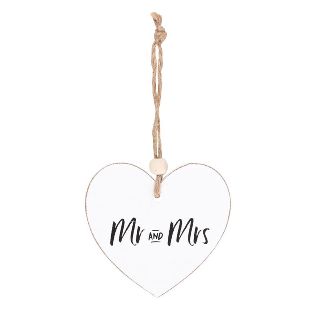 KeiCo's Mr and Mrs Hanging Heart Sentiment Sign, pristine white with rustic twine hanger and wooden bead detailing.