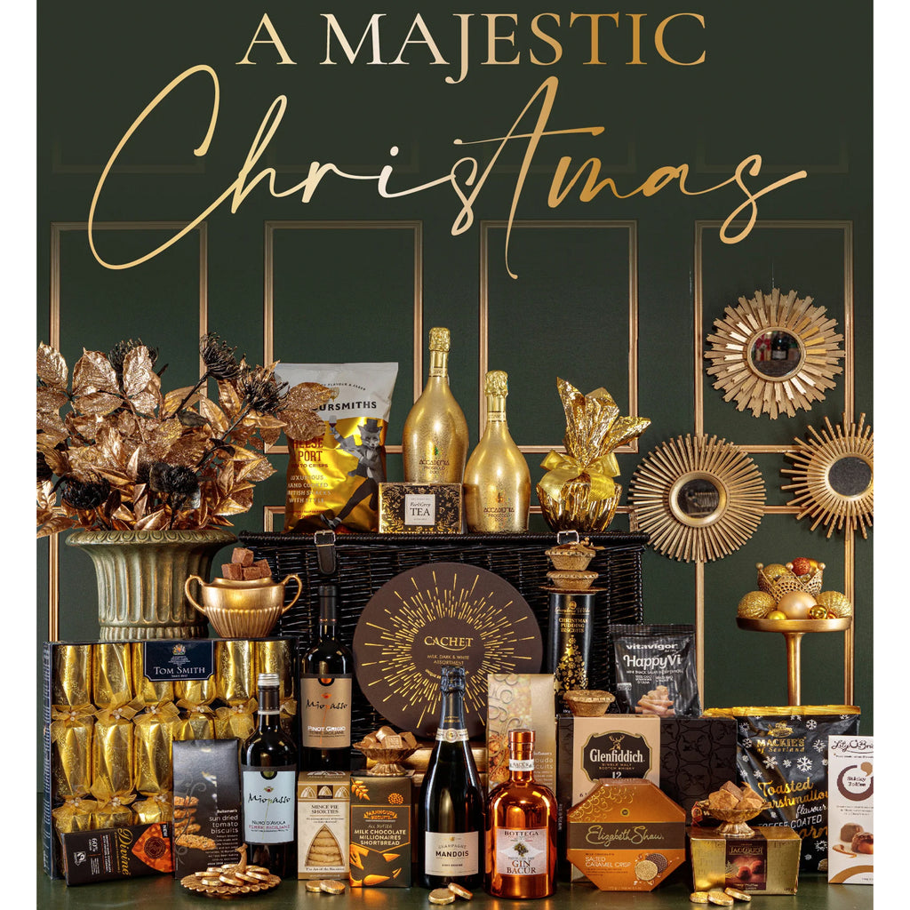 KeiCo's lavish Christmas hampers on display, featuring a selection of fine wines, gourmet treats, and sparkling decorations, embodying the spirit of festive generosity.