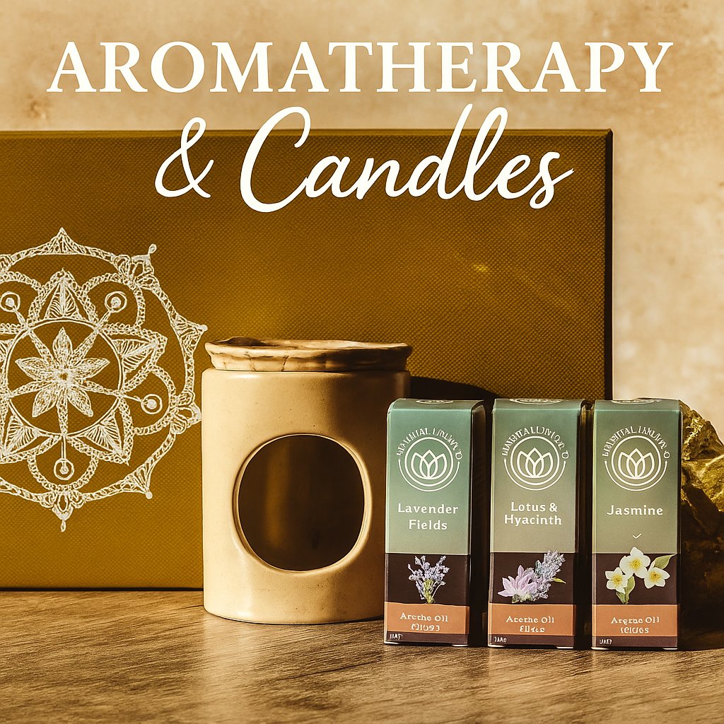 KeiCo Aromatherapy and Candles collection hero image with ceramic oil burner, essential oils and mandala gift box