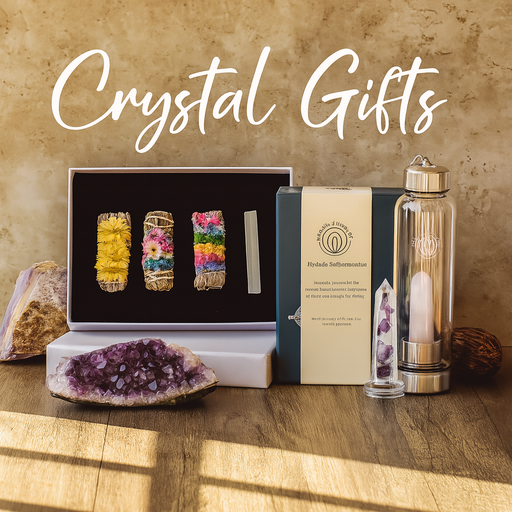 Luxury crystal gift set including floral sage smudge sticks, crystal water bottle, amethyst cluster, and boxed accessories, styled on a wooden surface.