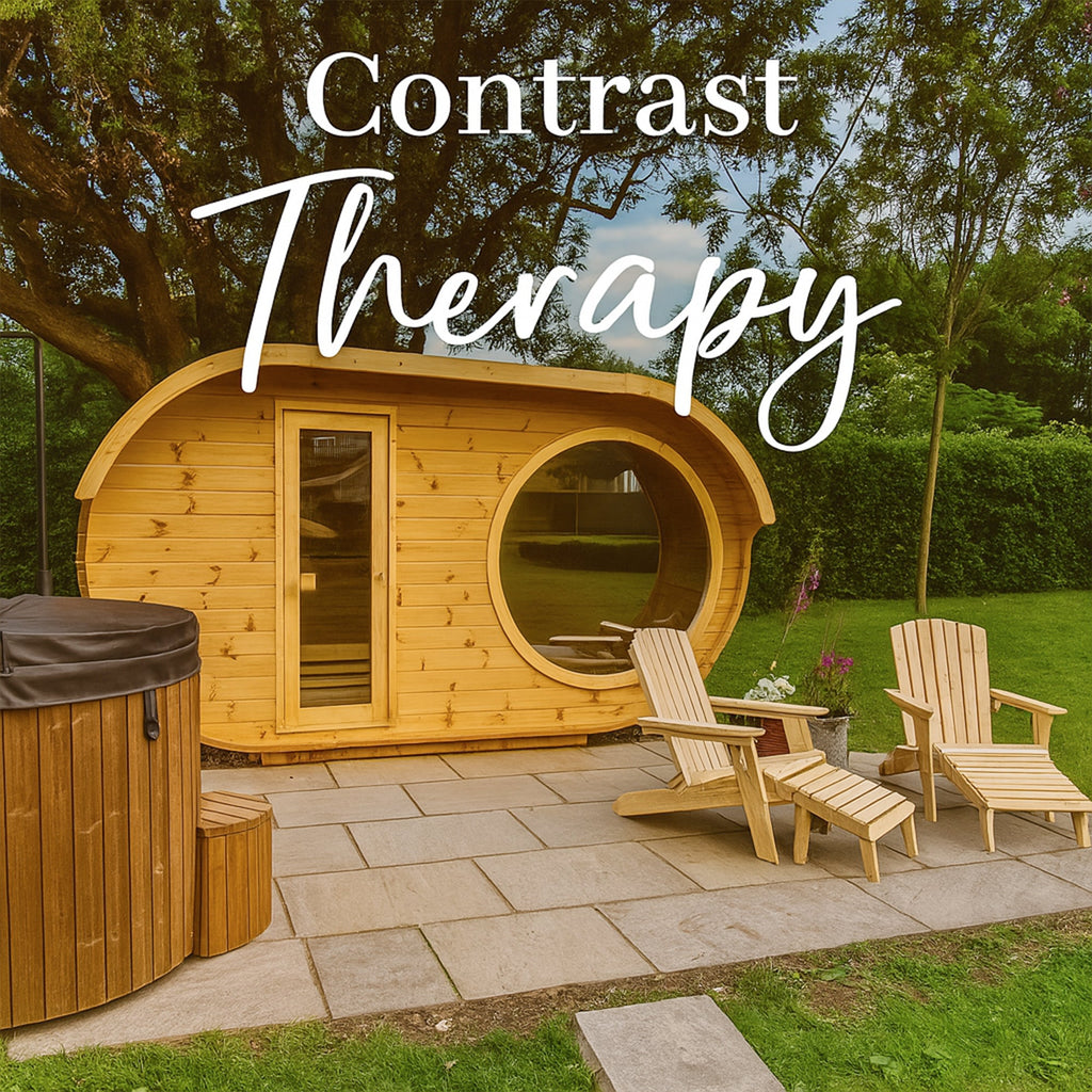 Outdoor wellness scene with wooden barrel sauna, hot tub, and Adirondack chairs on a stone patio surrounded by greenery—ideal for contrast therapy rituals.
