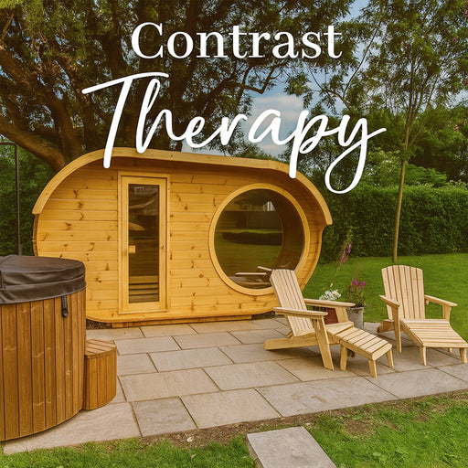 Outdoor wellness scene with wooden barrel sauna, hot tub, and Adirondack chairs on a stone patio surrounded by greenery—ideal for contrast therapy rituals.