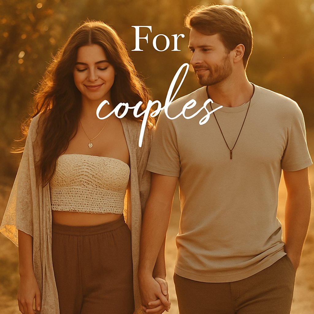 A romantic boho-style couple in warm golden light sharing an intimate moment outdoors, captured in a hyper-realistic scene for the KeiCo 'For Couples' Gifting Collection.