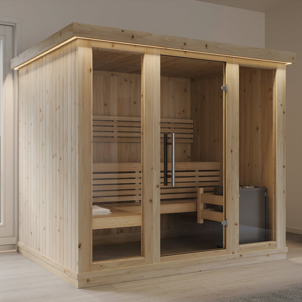 Contemporary indoor sauna with timber interior and soft lighting – part of KeiCo’s home wellness Indoor Sauna collection.