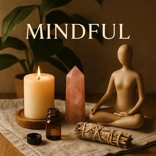 KeiCo Mindful Collection hero image featuring candle, rose quartz crystal, and meditation statue on neutral linen backdrop