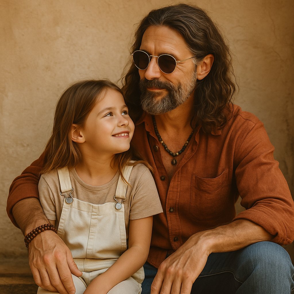 A bohemian-style father with his young daughter smiling together in soft natural light, representing meaningful family bonds and heartfelt gifting.