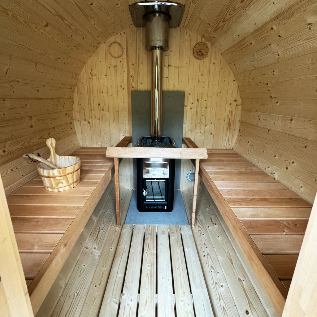 KeiCo Wellness 280 6 Person Spruce Barrel Sauna + 16KW Wood-fired Harvia Heater - The Keico