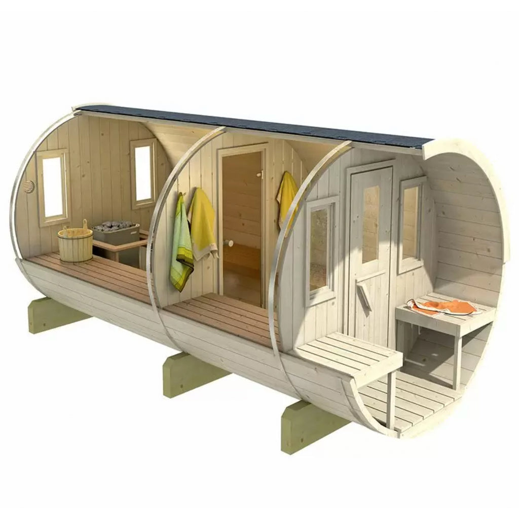 KeiCo 400 Barrel Sauna with Changing Room - Internal Glass Door and Sauna Room
