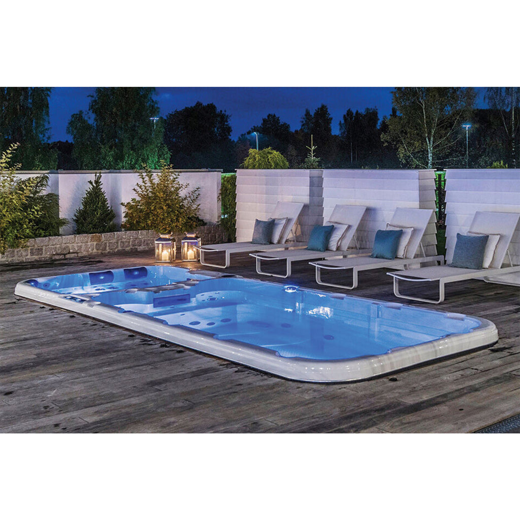 KC Olympic Swim Spa and Hot Tub full view in a garden setting | KeiCo Wellness