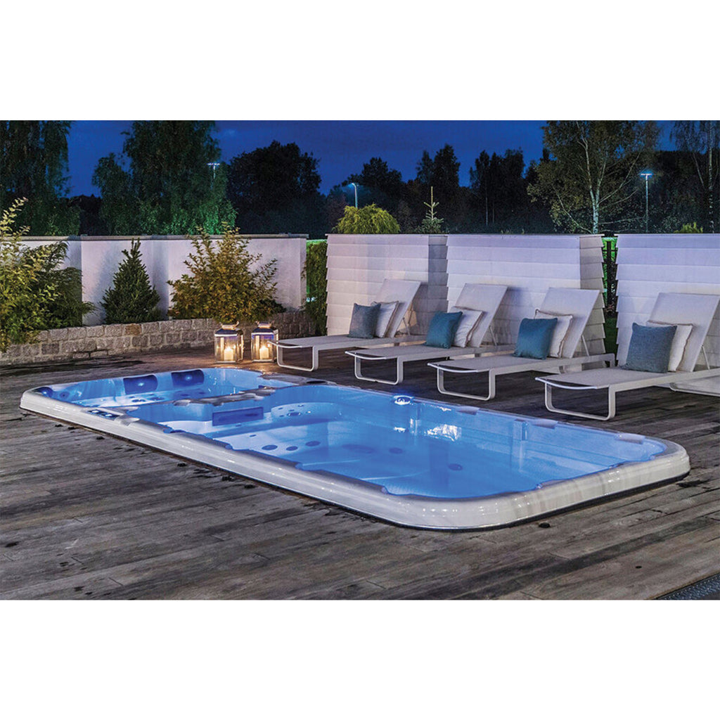 KC Olympic Swim Spa and Hot Tub full view in a garden setting | KeiCo Wellness