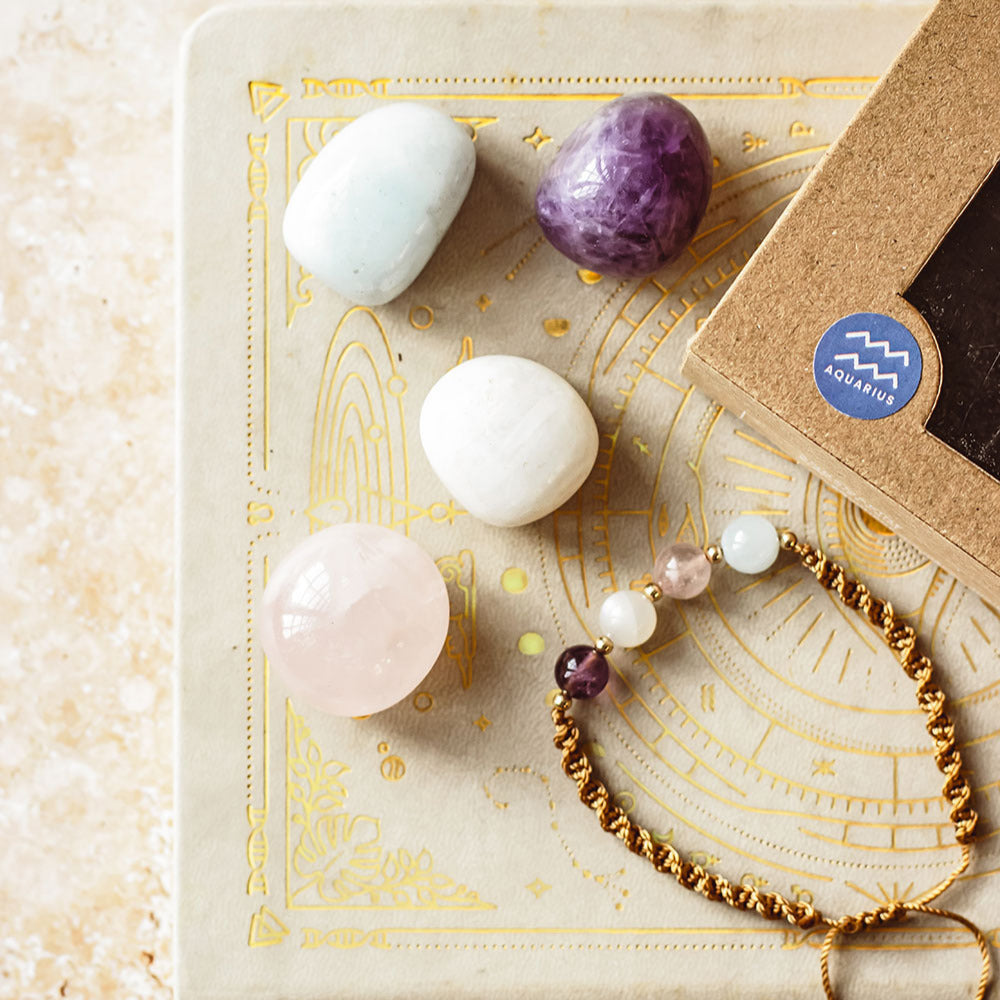 Aquarius zodiac gift set with crystal bracelet and affirmation card