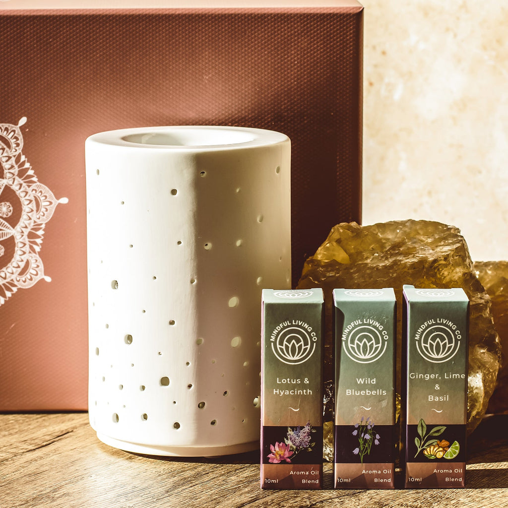 Flame-free ceramic plug-in oil warmer gift set with 3 oils displayed