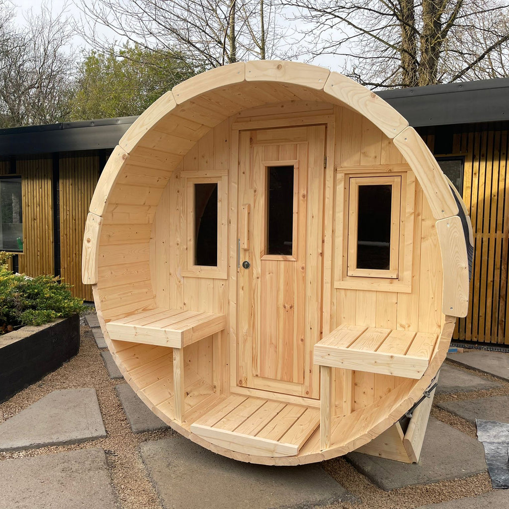 Luxury Outdoor Barrel Sauna with Canopy in Garden | The KeiCo