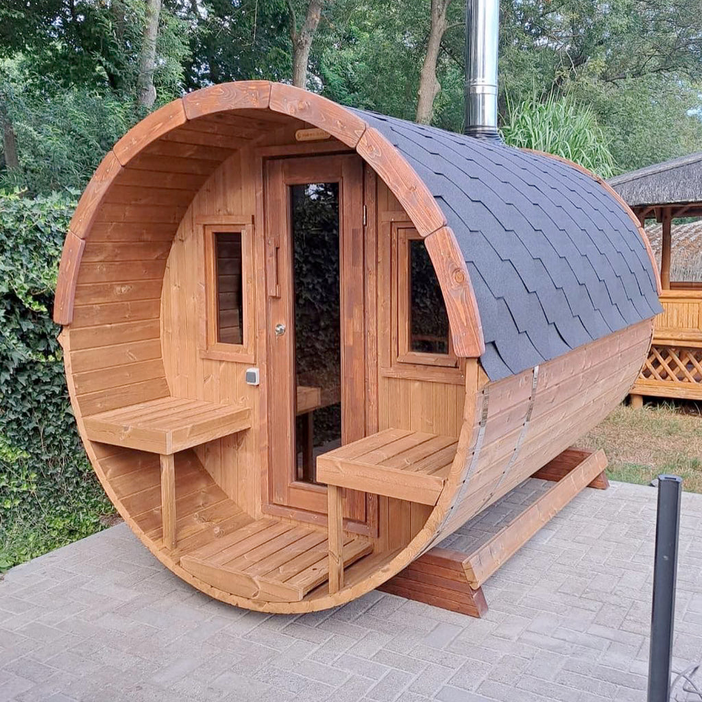 KeiCo 280 Barrel Sauna installed within a luxurious garden | The KeiCo