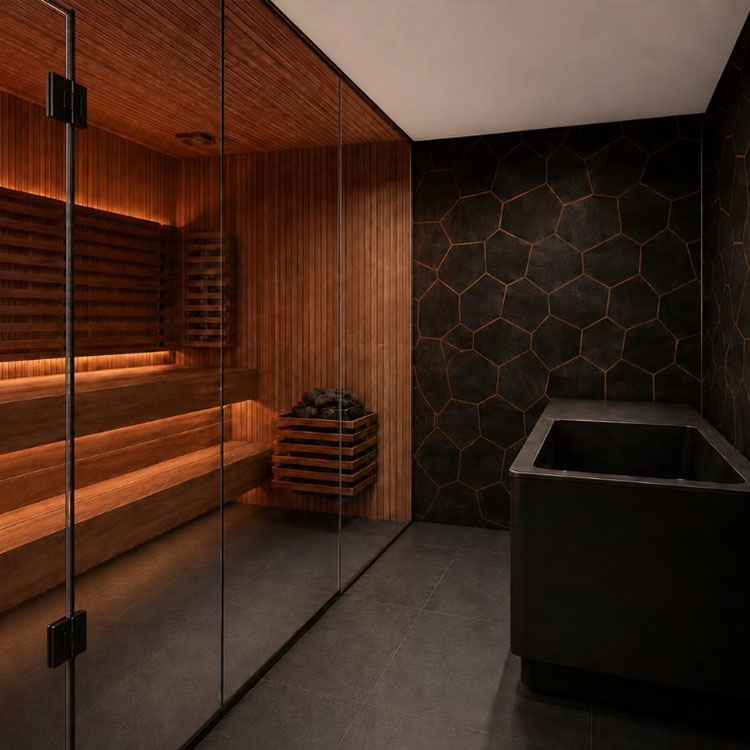 A commercial Hot & Cold dual therapy suite interior with wood-panelled benches, a glass door, a dark hexagonal tiled wall, and a dark stone cold plunge.