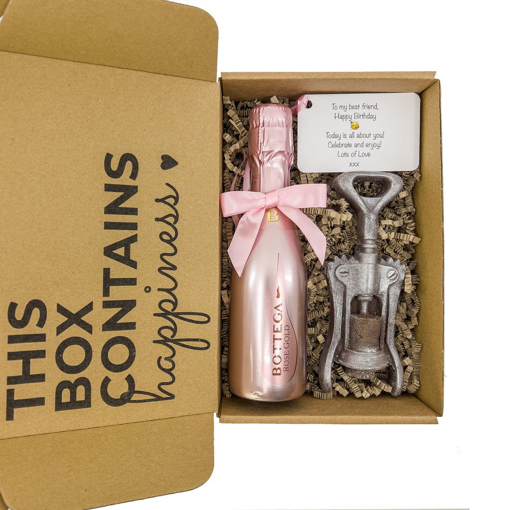 Bottega Rose Gold Sparkling Wine 20cl with a life-sized chocolate corkscrew, beautifully packaged in a custom gift box.