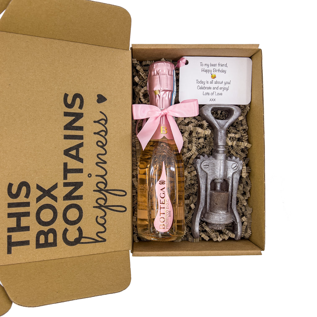 Image showcasing the Bottega Rosé Prosecco 20cl and a chocolate corkscrew, presented in a premium 'A Little Less Kindness, A Little Less Stress' gift box.