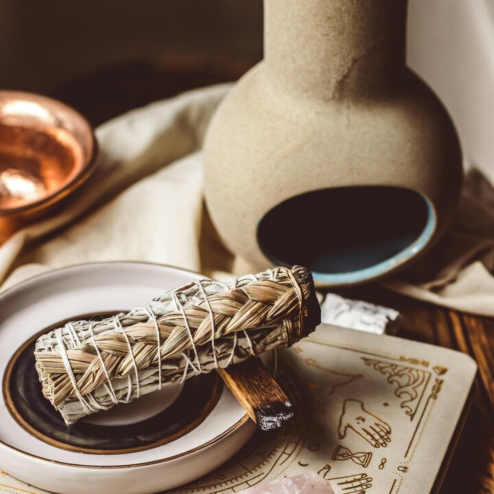Full gift set layout with smudge chiminea, herbs, and ceramic incense dish