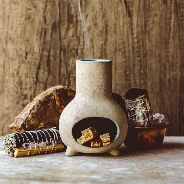 Handmade pottery smudge chiminea in sand-blue glaze