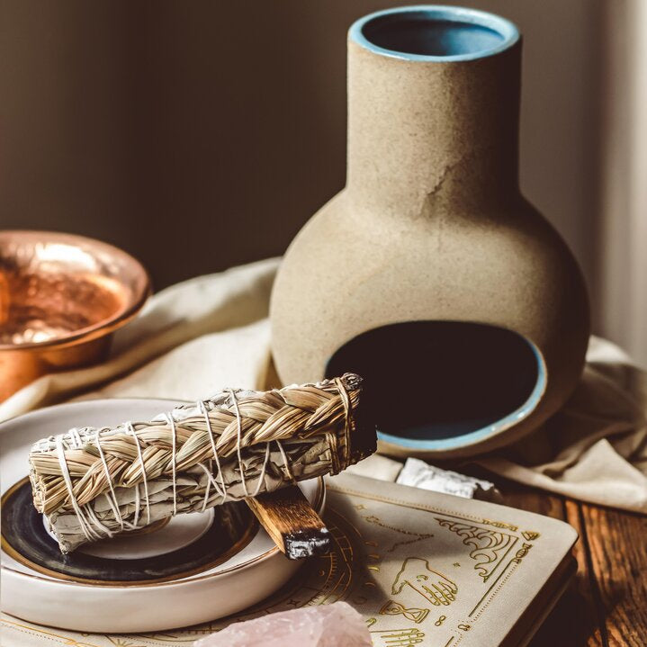 Sweetgrass and sage smoke ritual tool for home energy reset