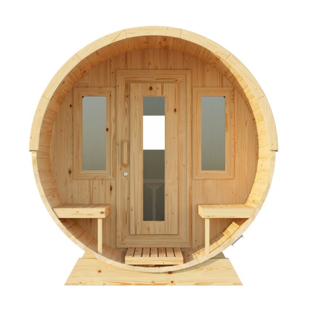 Detail shot of the KeiCo Barrel Glamping Pod's front-facing windows.