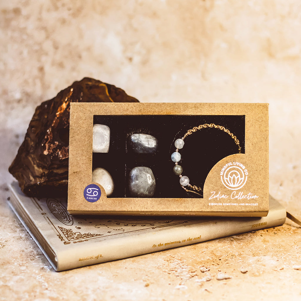 Close-up of Cancer energy card with moon phases and affirmation text