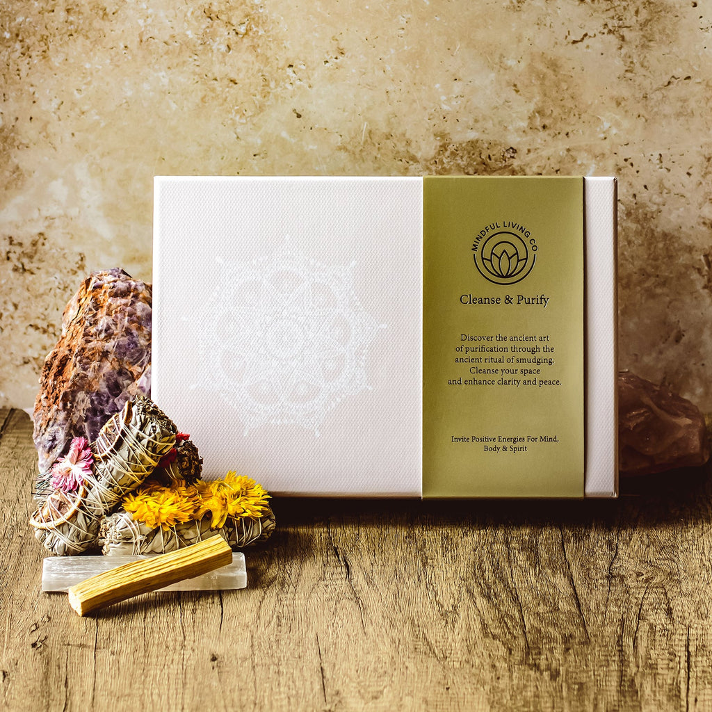 Cleanse & Purify smudge gift set with sage bundle, palo santo, and crystal