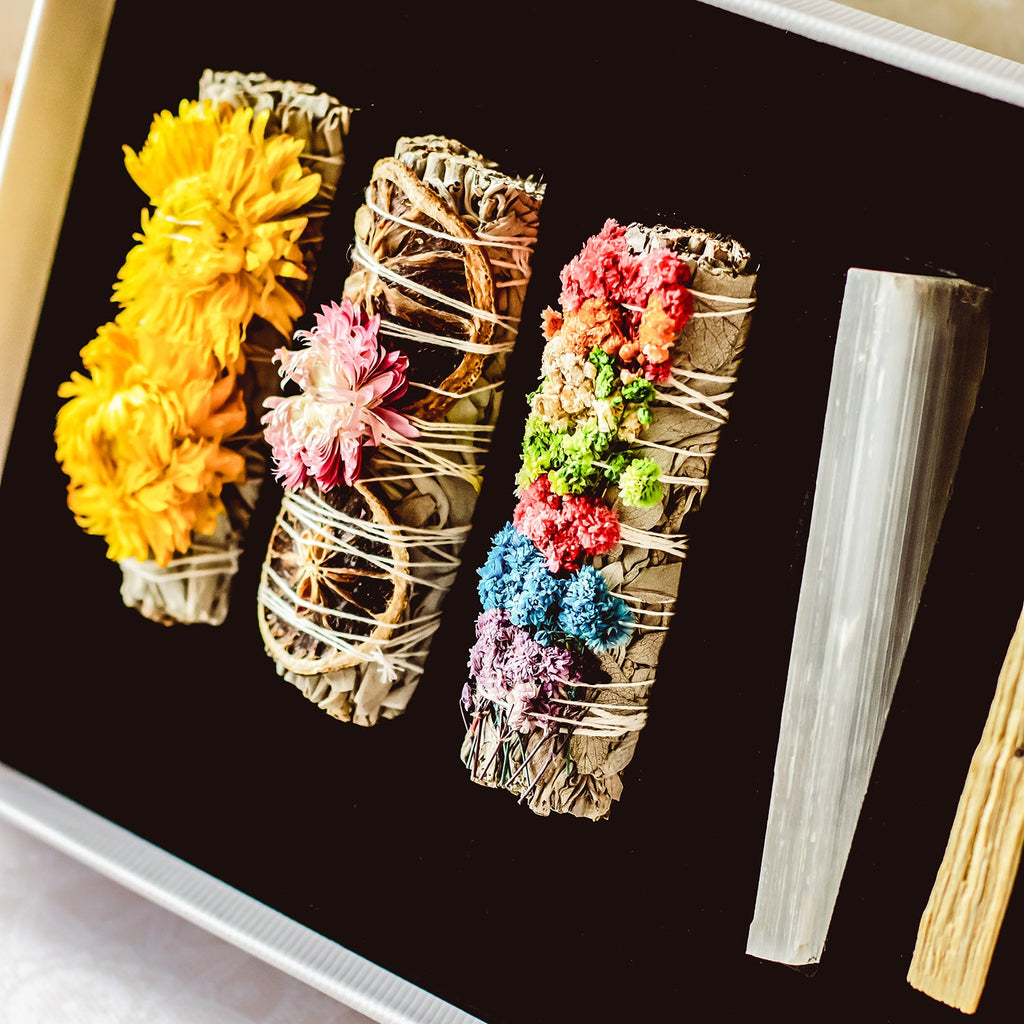Kraft box smudging set styled with selenite wand and ritual insert