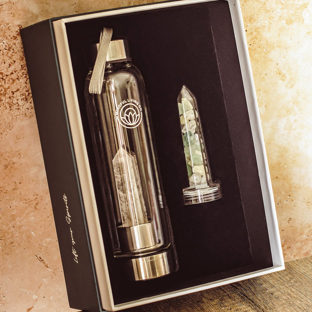 KeiCo gemstone-infused water bottle gift set in eco packaging
