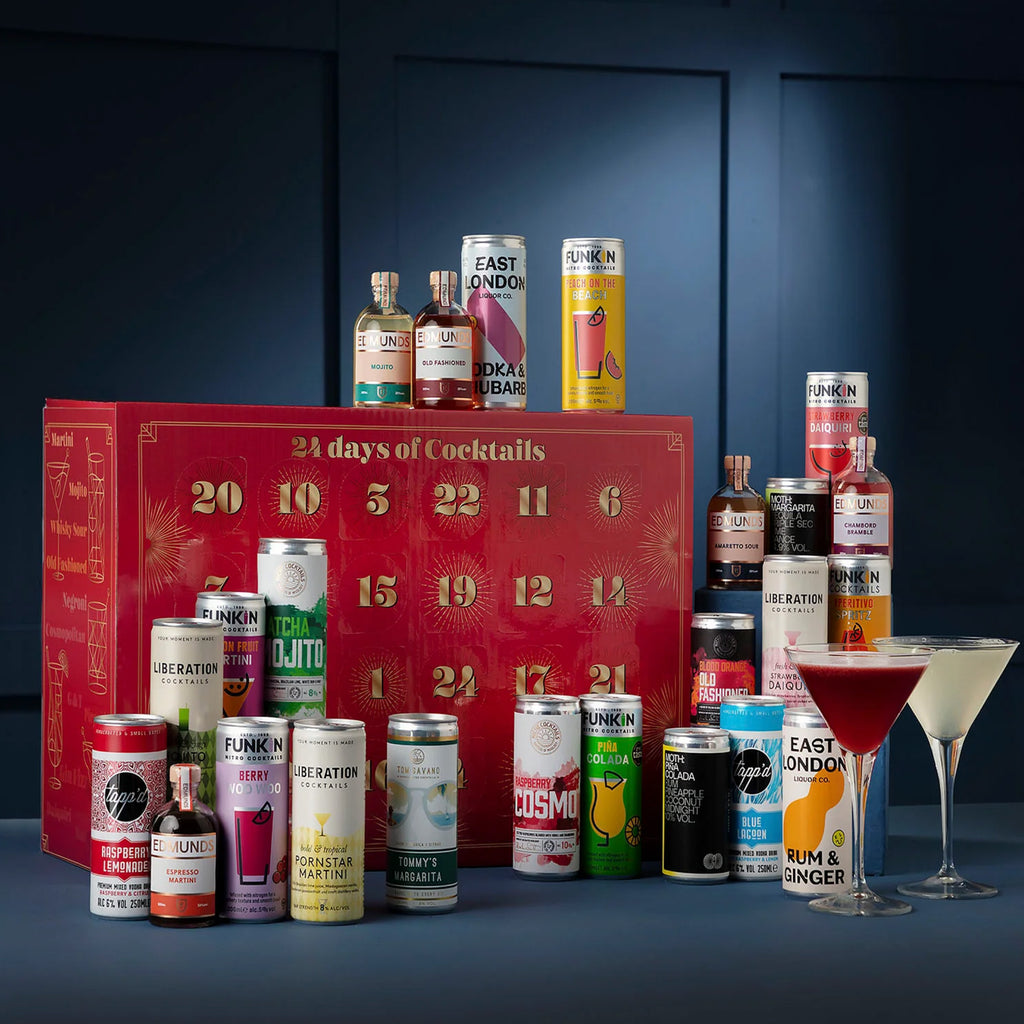 Close-up of the Cocktail Soirée Calendar, revealing a selection of premium pre-mixed drinks, set against a festive backdrop.
