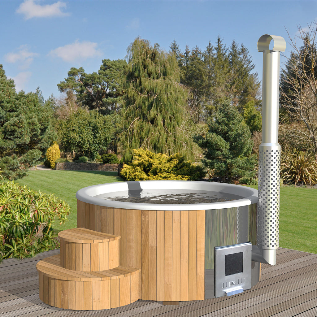 Image of KeiCo Deluxe Thermowood Eco Hot Tub, showcasing the integrated wood stove and ergonomic fibreglass tub design