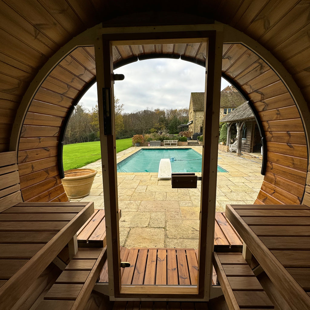 KeiCo 280 Garden Barrel Sauna with Panoramic Glass Frontage
