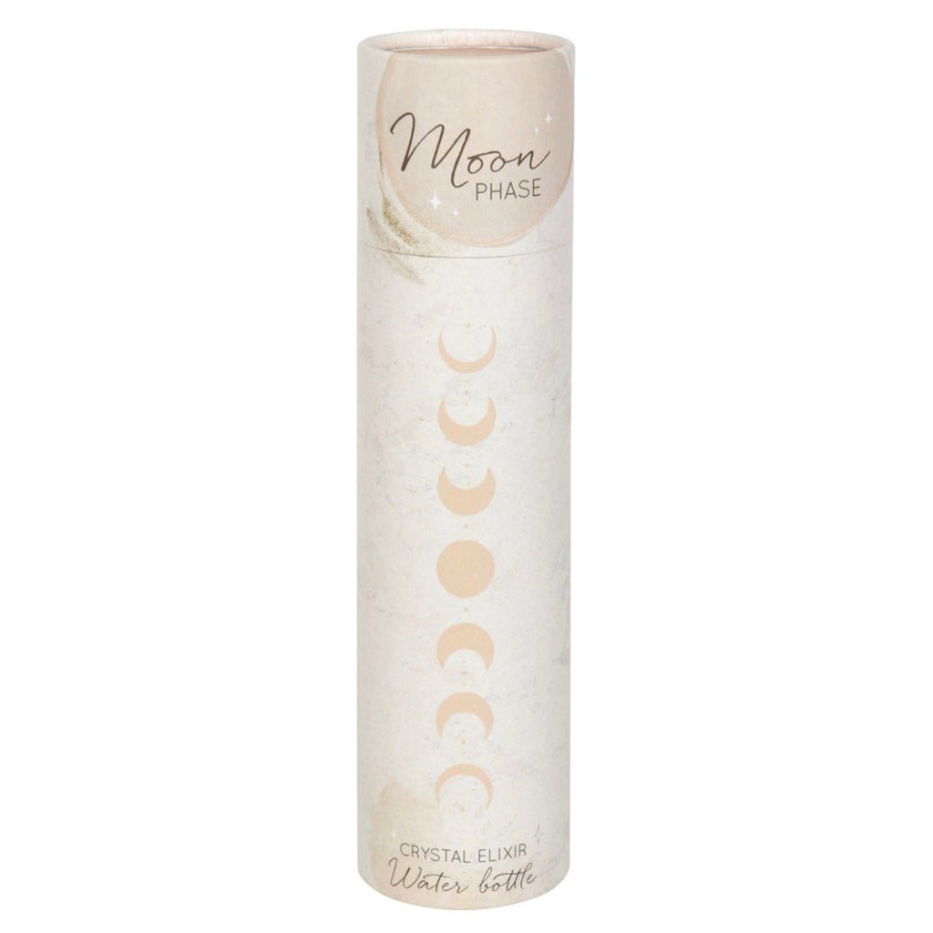 Close-up of the external packaging of the water bottle, highlighting the embedded Clear Quartz crystal and intricate moon phase design.