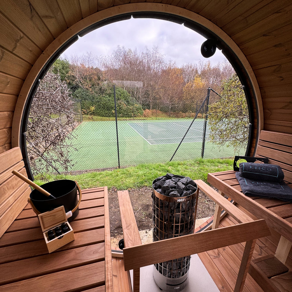KeiCo 280 Barrel Sauna with full rear glass panoramic window
