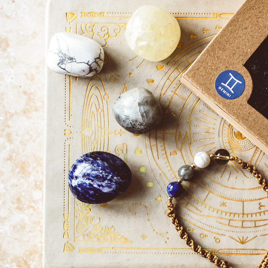 Gemini zodiac gift set with wellness tools and packaging by KeiCo