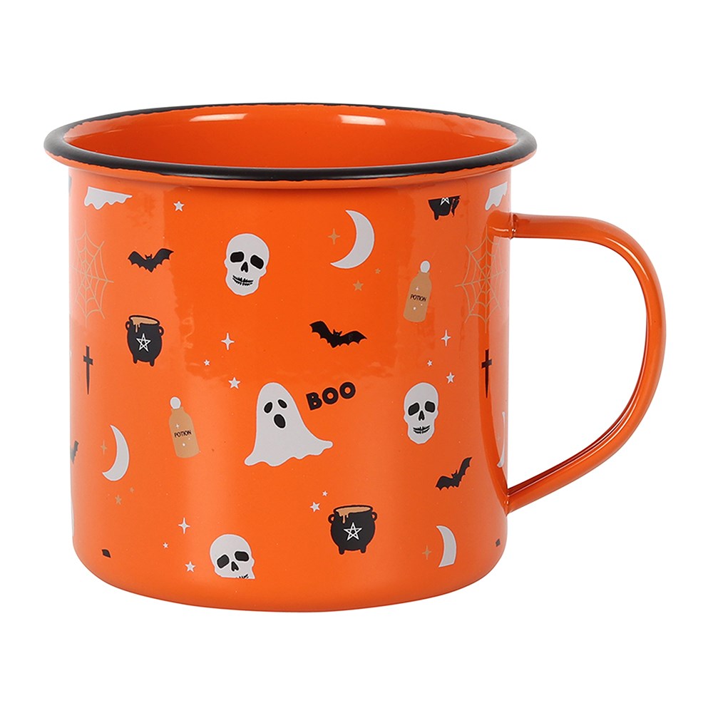 Enamel mug with festive Halloween print design.