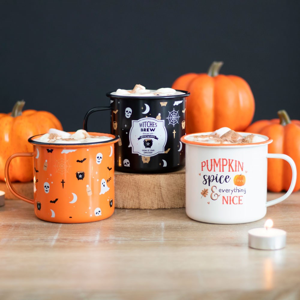 Perfect for autumn brews - Halloween print enamel mug.