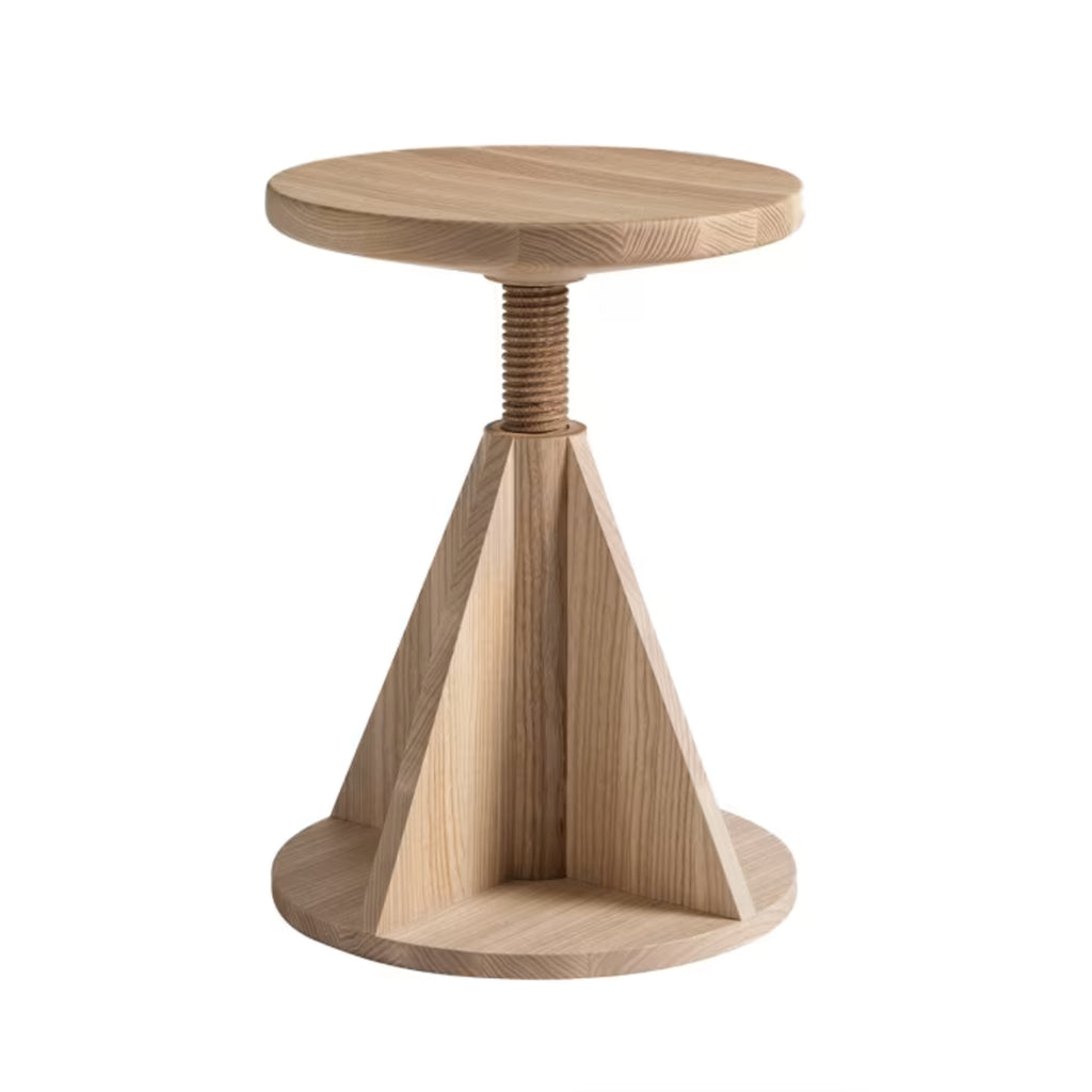 All Wood Stool 'Rocket' in Ash displayed as a side table, highlighting its natural lacquered ash wood and matte finish.