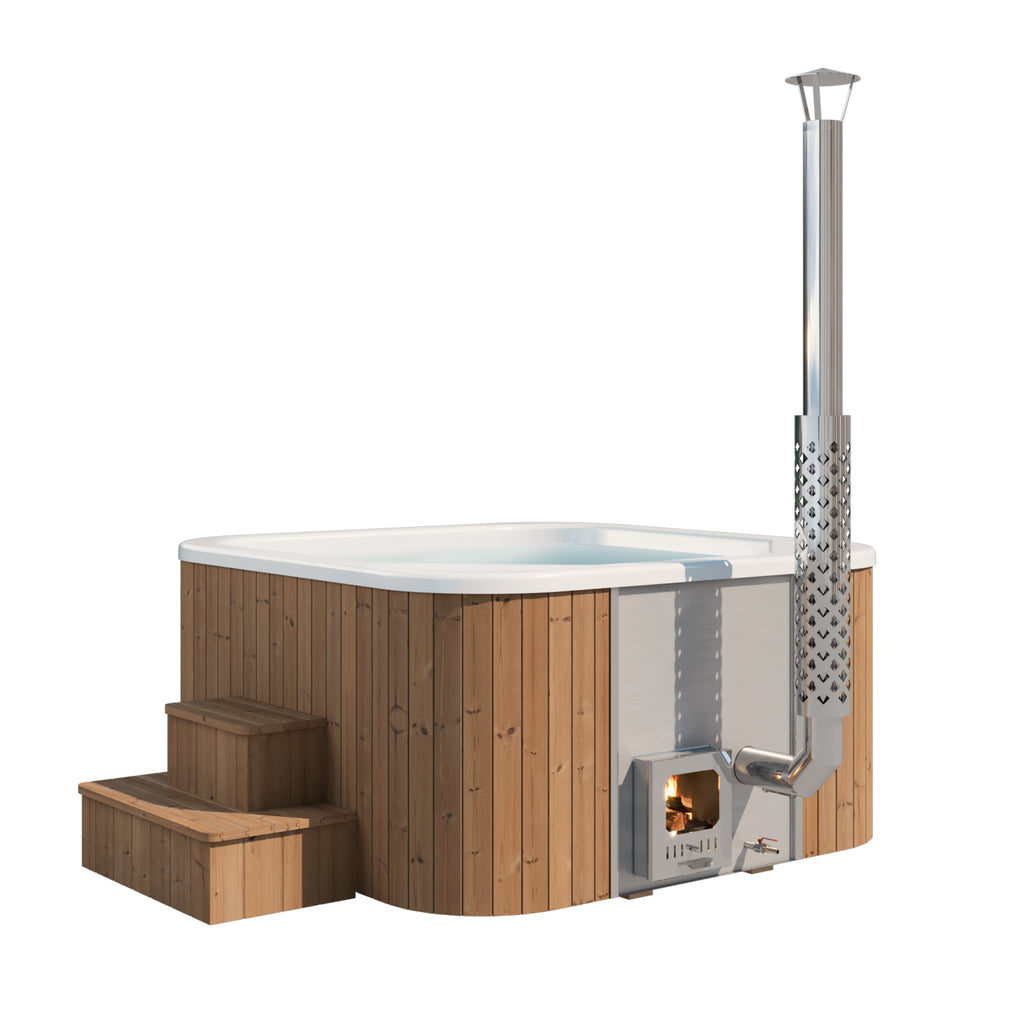 KC ICON 200 wood-fired eco hot tub in a serene garden setting - square Nordic design | KeiCo Wellness