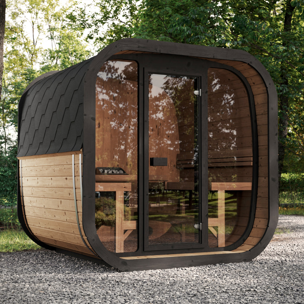 Compact and Stylish KC ICON 220 Cube Sauna in a Modern Garden Setting