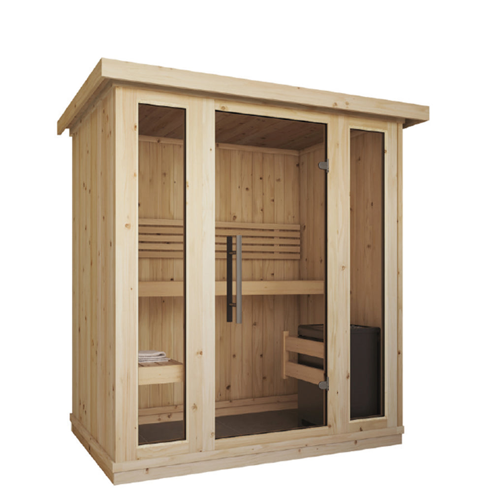 Exterior view of the KC Indoor Solo Sauna showing compact footprint and Scandinavian styling.
