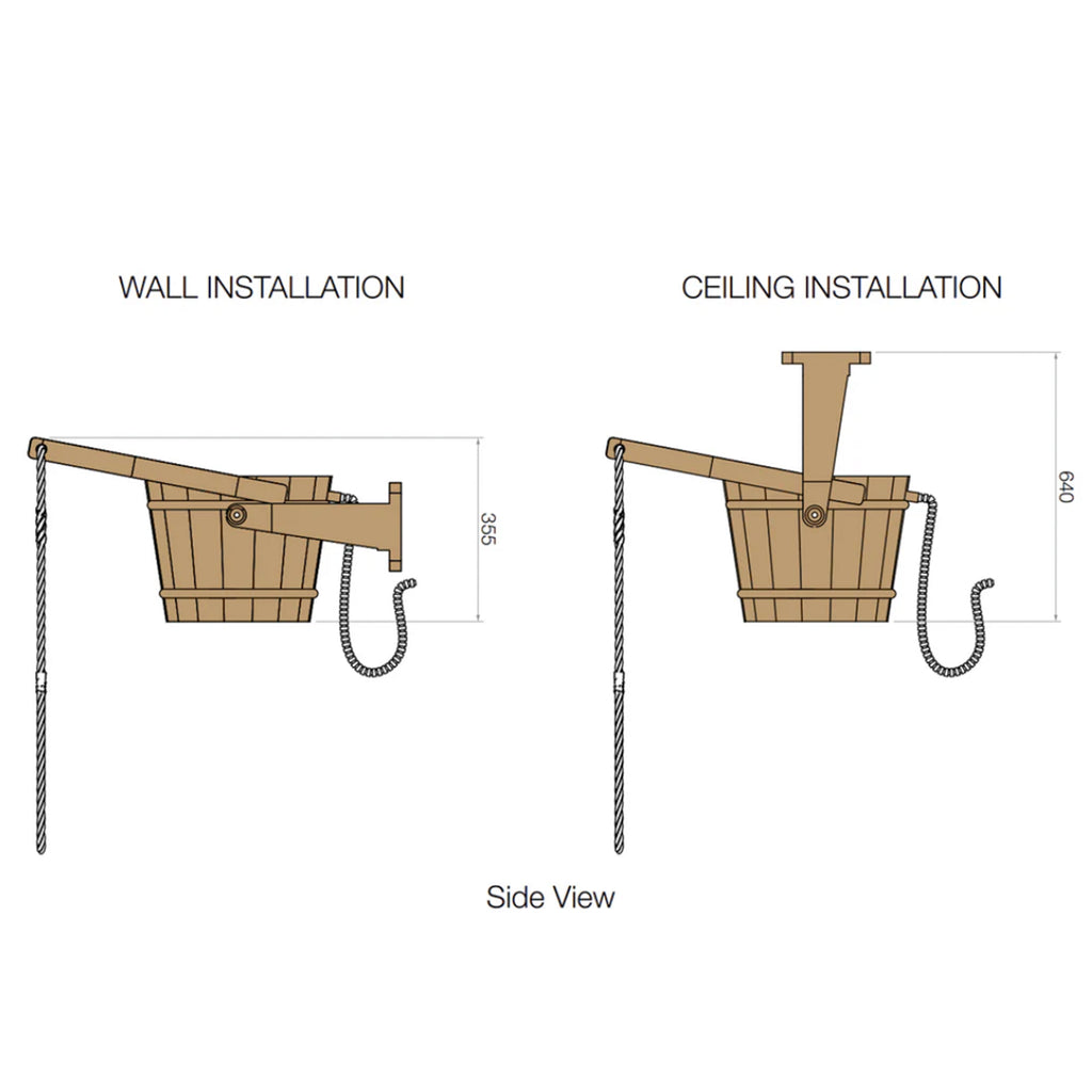 Detailed installation guide of KeiCo Cold Pail Shower Illustrating Ceiling or Wall mounted options